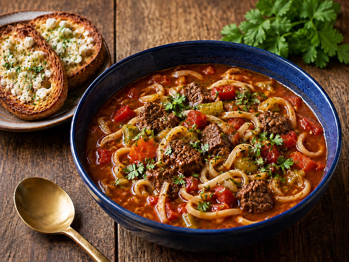 Beef noodle soup with wide noodles, tomatoes and herbs