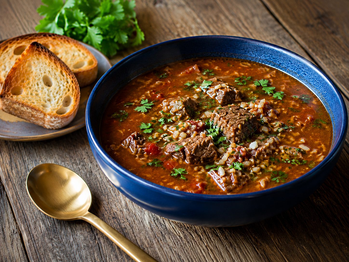 Hearty spiced beef and rice soup with tomato and cilantro