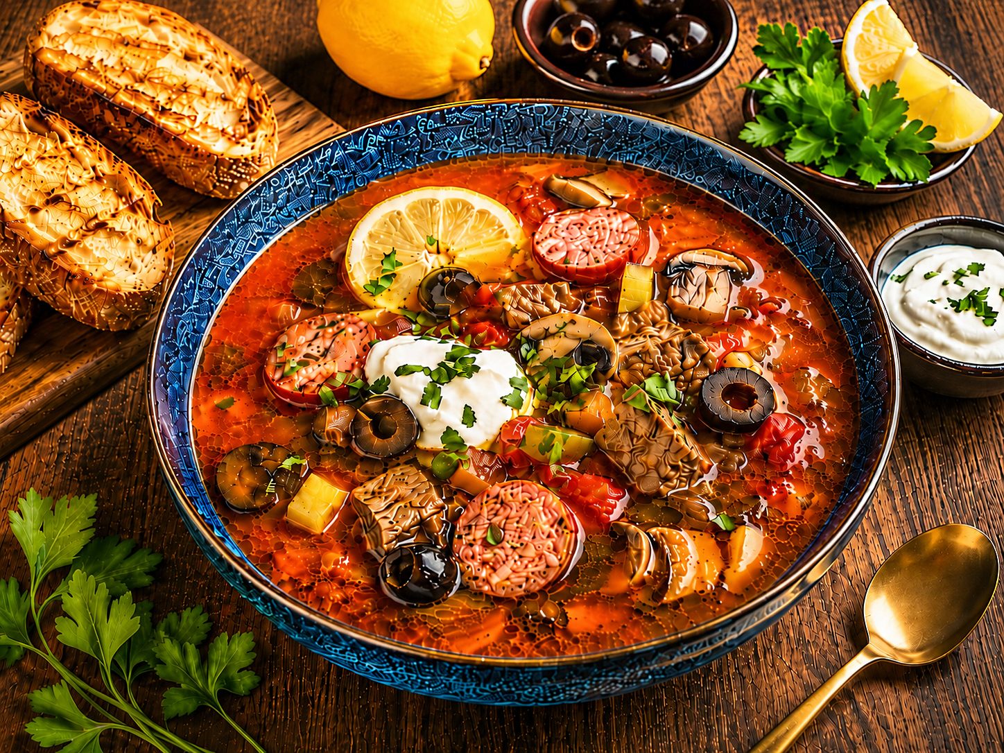 Smoky beef and sausage soup with lemon, olives, and Greek yogurt