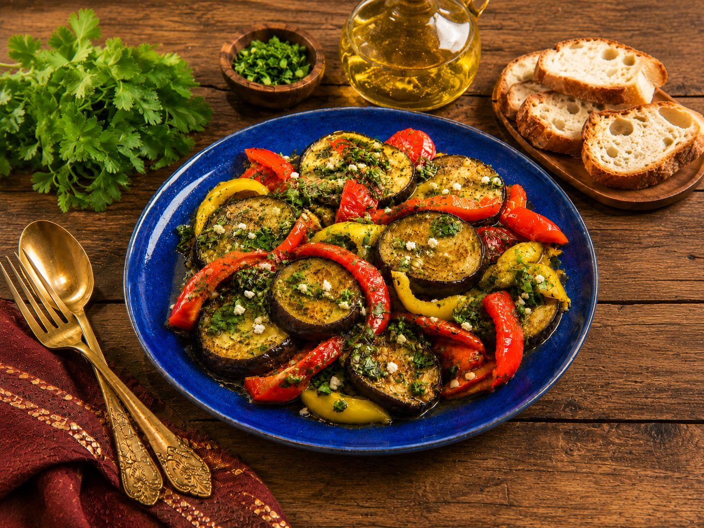 Garlicky marinated eggplant and sweet peppers