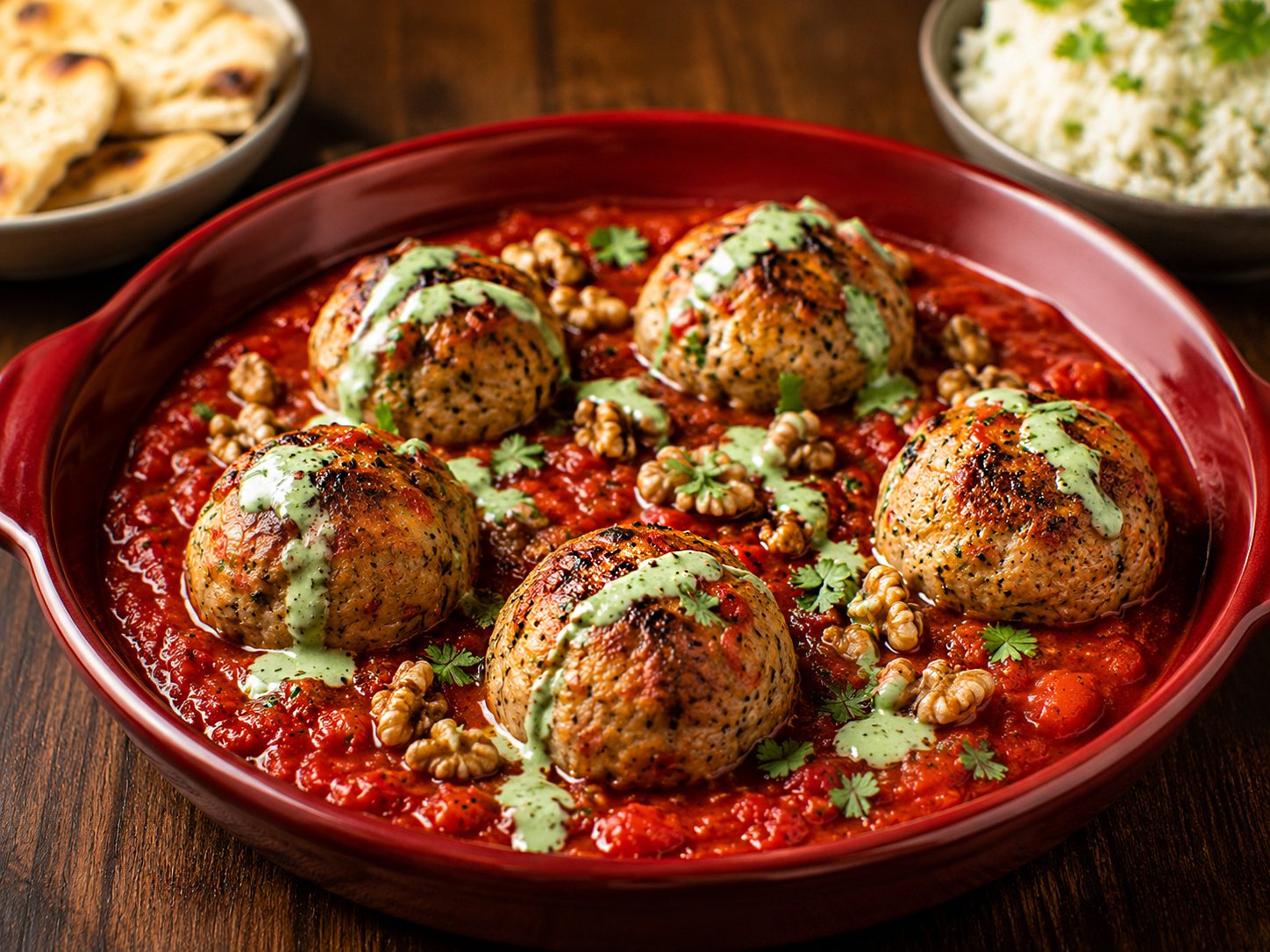 Baked turkey meatballs in roasted red pepper walnut sauce